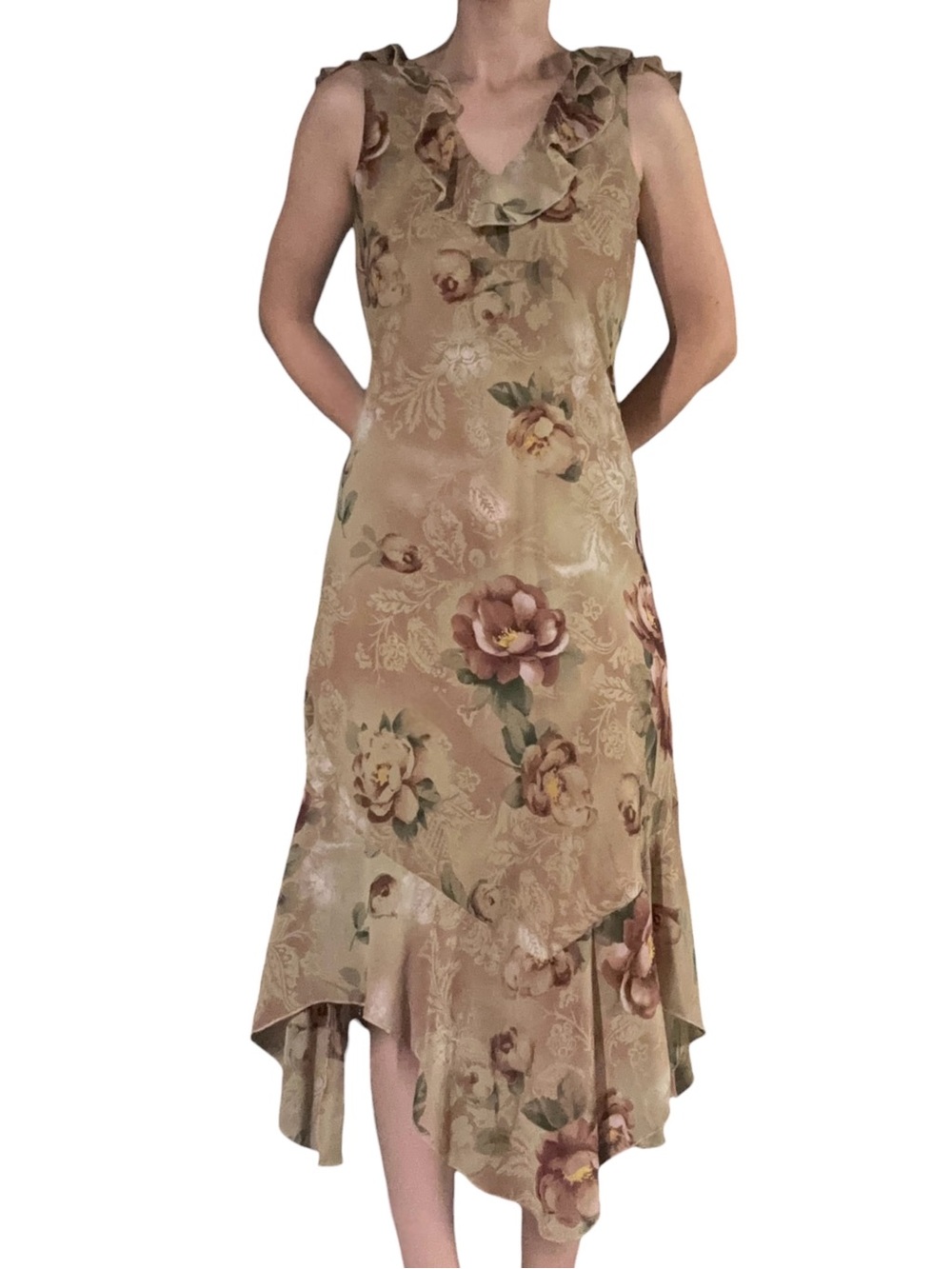 Mint Julep | Vintage Y2K Brown Floral Ruffle Handkerchief Hem Midi Dress